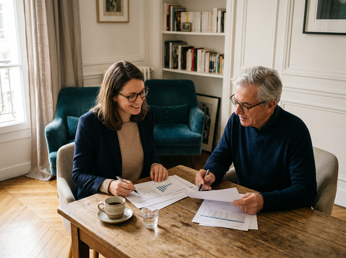 Une conseillère et un client âgé examinent des documents à une table, dans un appartement lumineux.